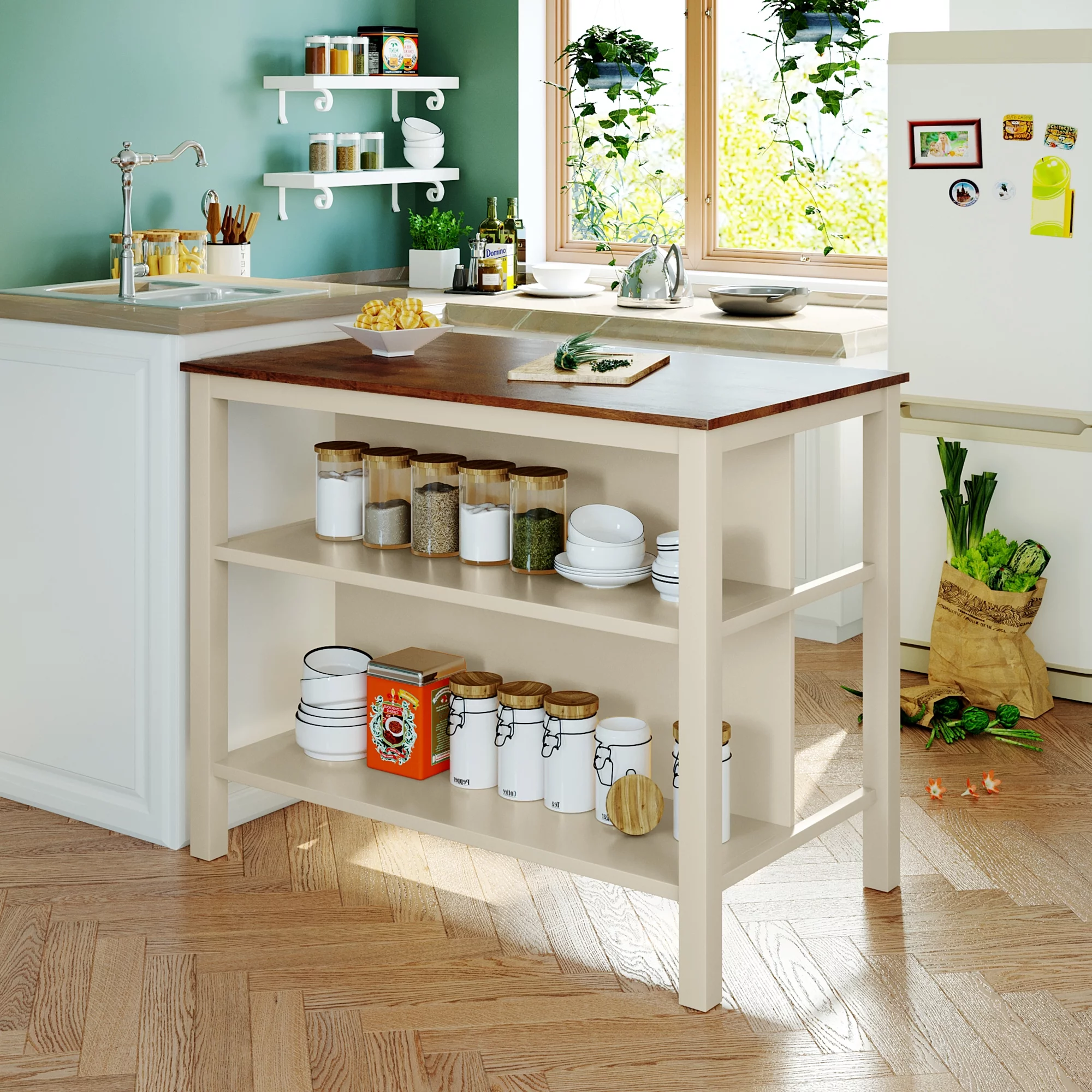 TOPMAX Solid Wood Rustic 45" Stationary Kitchen Island, Rubber Wood Butcher Block Dining Table Prep Table with 2 Open Shelves for Small Places