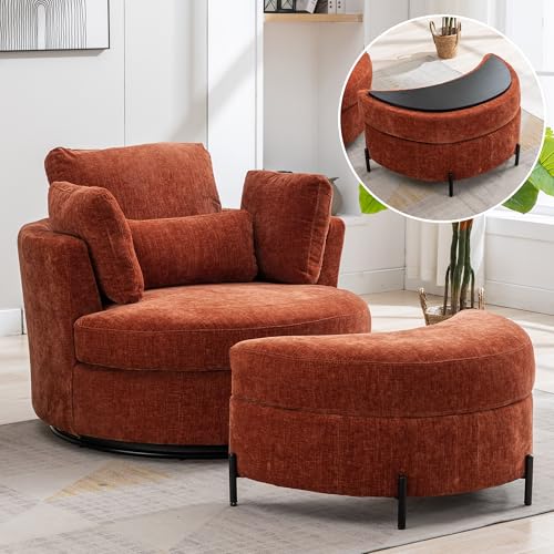 Aoiy & Wifon 42.2" W Oversized Swivel Barrel Chair with Ottoman, Upholstered Round Accent Chair with Storage Ottoman, Chenille, Beige