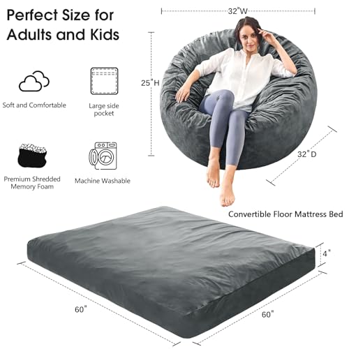 Bean Bag Chairs for Adults - Giant Bean Bag Chair Convertible Bean Bag Bed - Beanbag Chair with Micro Fiber Cover/Furniture Foam Filler