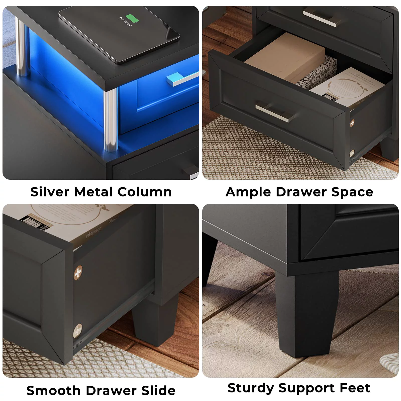 LED Nightstand Set of 2 with Charging Station, Modern End Side Table with 3 Drawer, Black