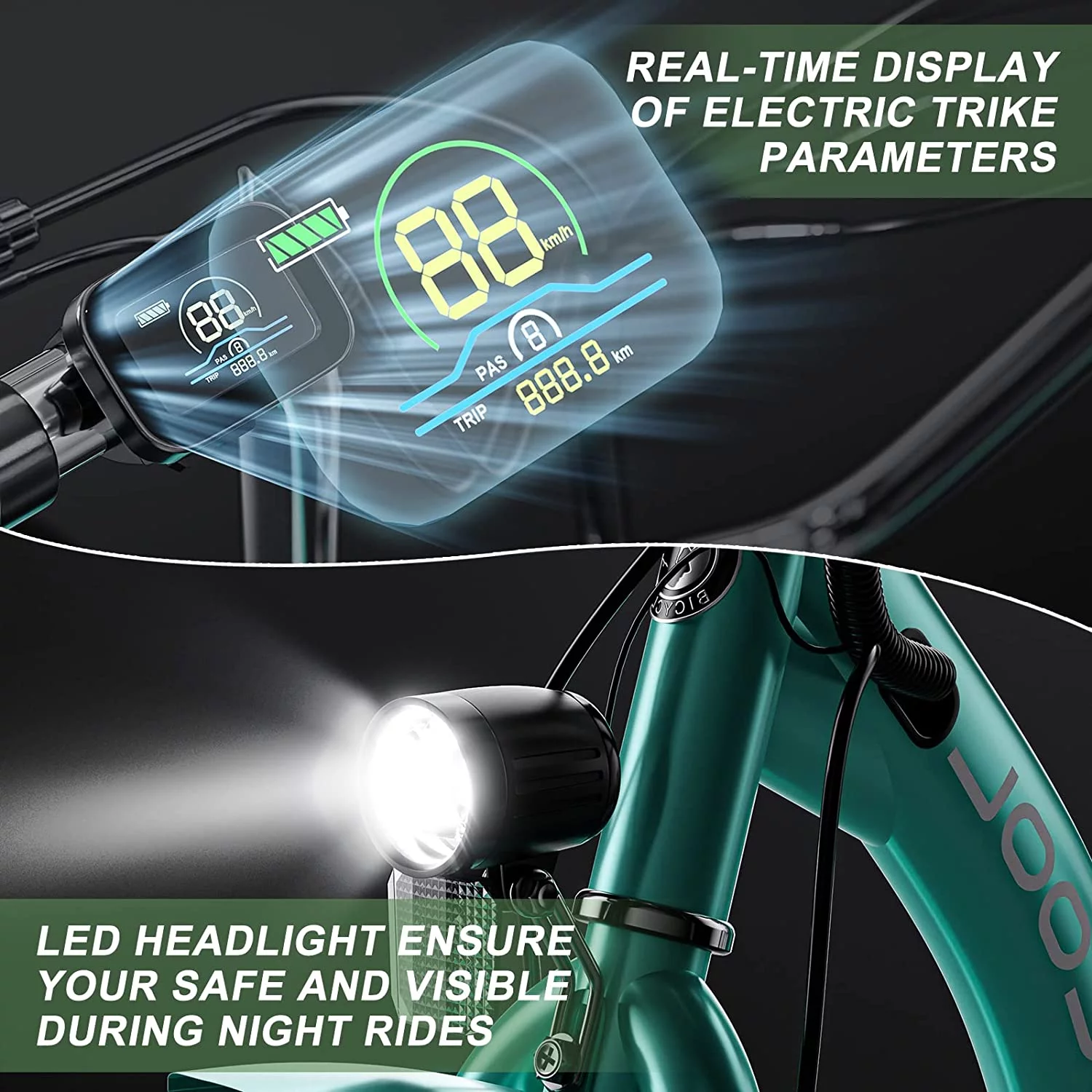 MOONCOOL 350W Motorized Electric Trike, 7 Speed 3 Wheel Electric Bicycle with 36V 14.5Ah Lithium Battery UL Certified