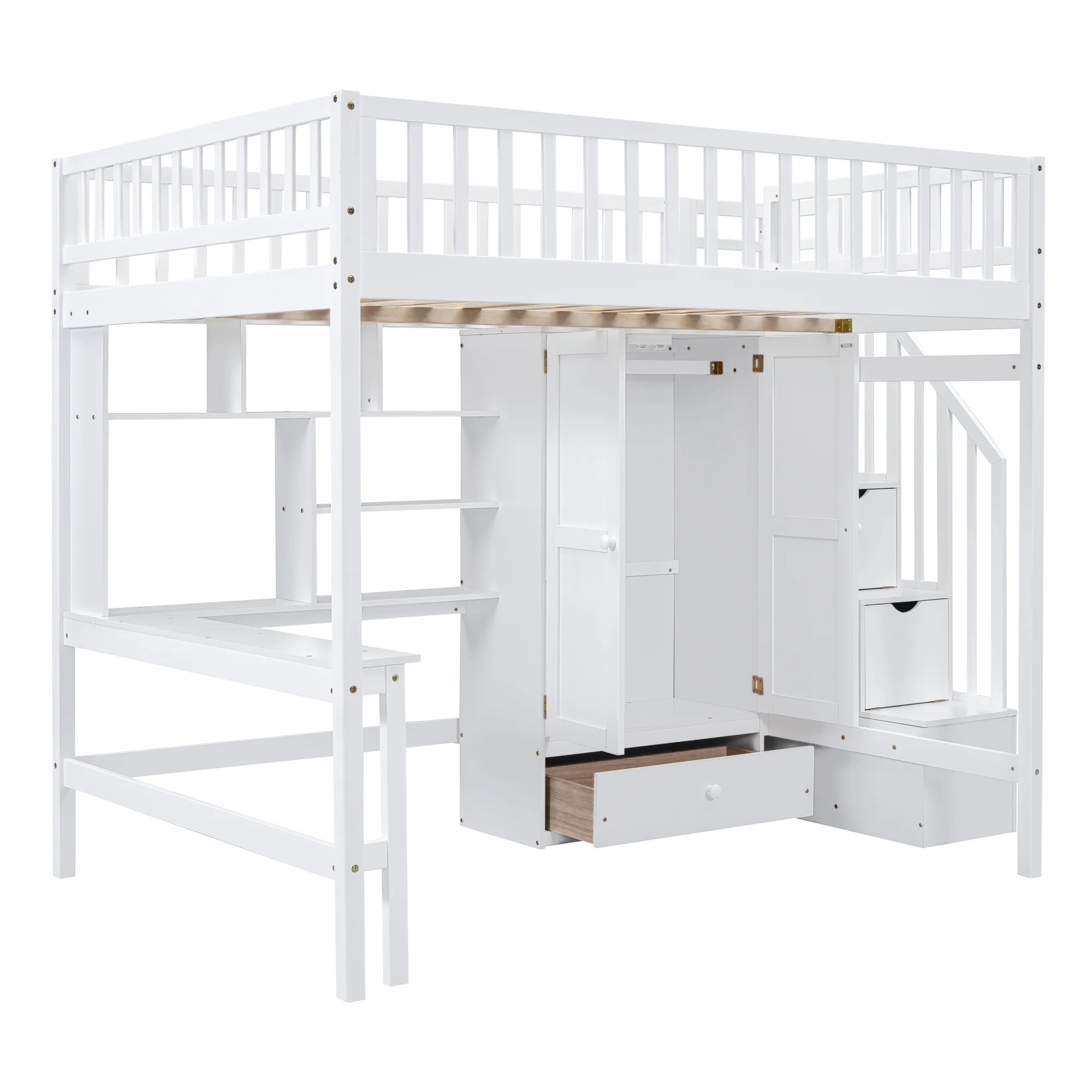 Churanty Full Loft Bed with Wardrobe Storage Space, Stairs Loft Bed with Desk and Shelves for Kids Boys Girls Teens,White - Radiant Selections