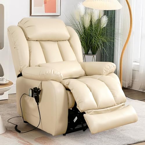 EDILLY Large Genuine Leather Power Lift Recliner Chairs for Elderly, Dual Motor with Massage and Heating,Double Lumbar Cushion and Extended Footrest