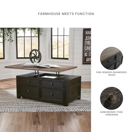 Signature Design by Ashley Bolanburg Farmhouse Lift Top Coffee Table with Drawers, Antique Cream & Brown