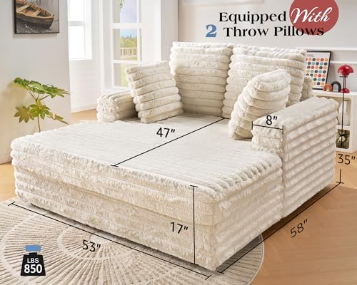 VanAcc 53 Inch Chaise Lounge Indoor, Upholstered Sofa Bed with Throw Pillows and Armrests, Sleeper Chair- Plush Chair Bed for Living Room, Off-White