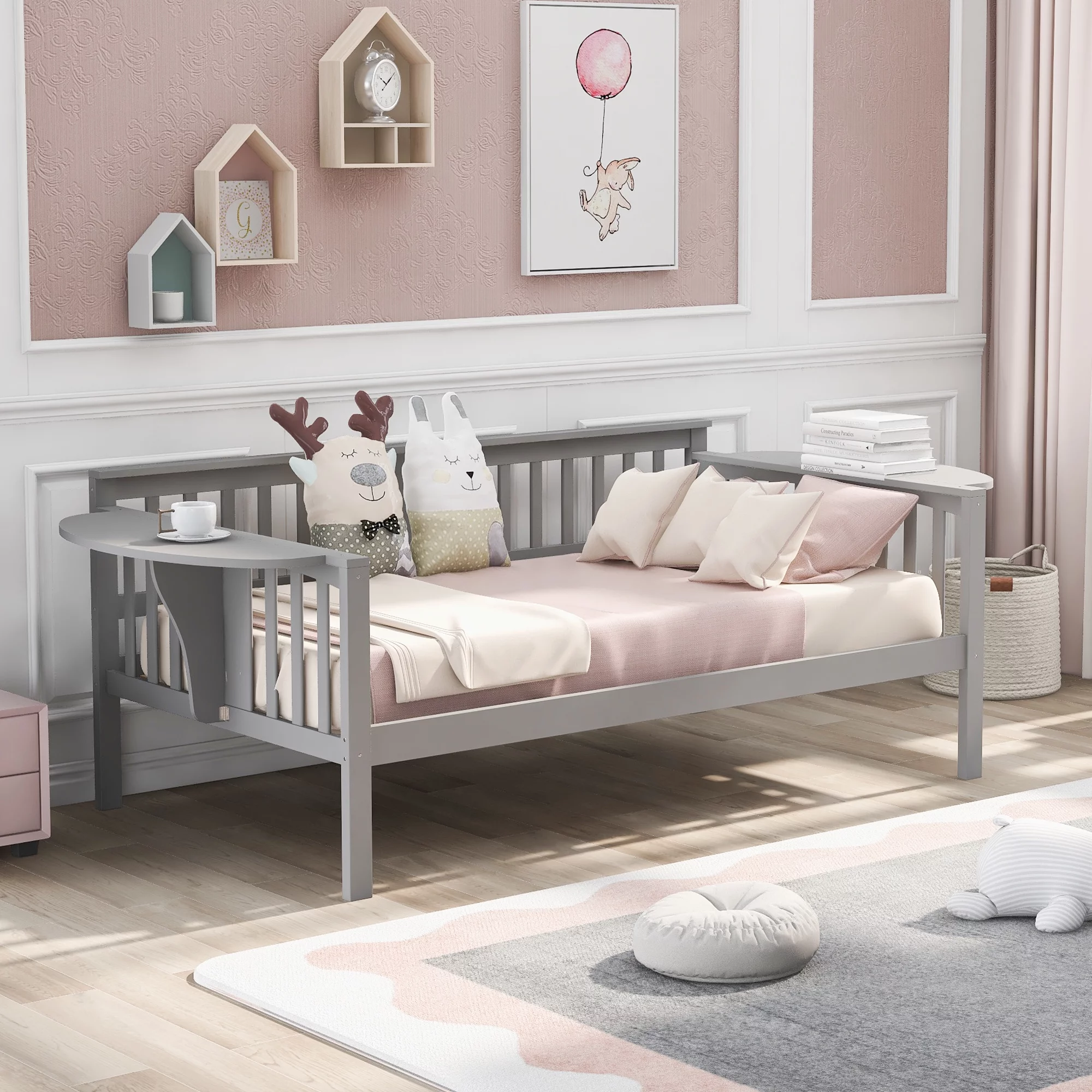 Solid Wood Daybed with Rails, Daybed Frame, Wooden Slats Support, No Box Spring Needed, Clean Lines Design