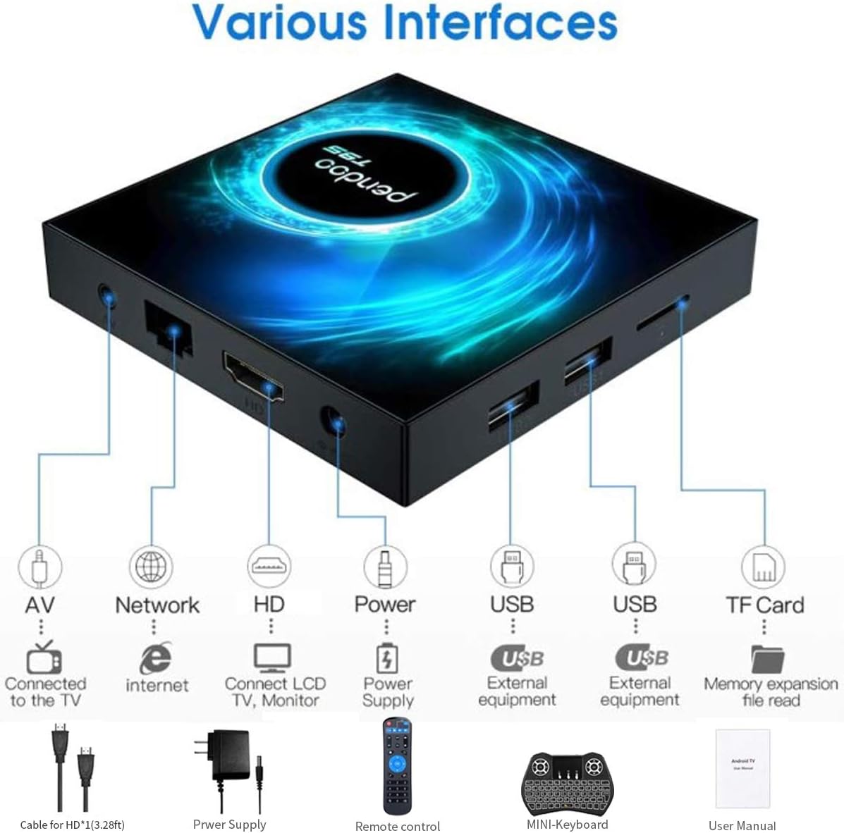 Android TV Box 10.0 4GB RAM 128GB ROM, 2021 Upgraded Pendoo T95 Android TV Box Allwinner H616 2.4G/5.8GHz WiFi Bluetooth
