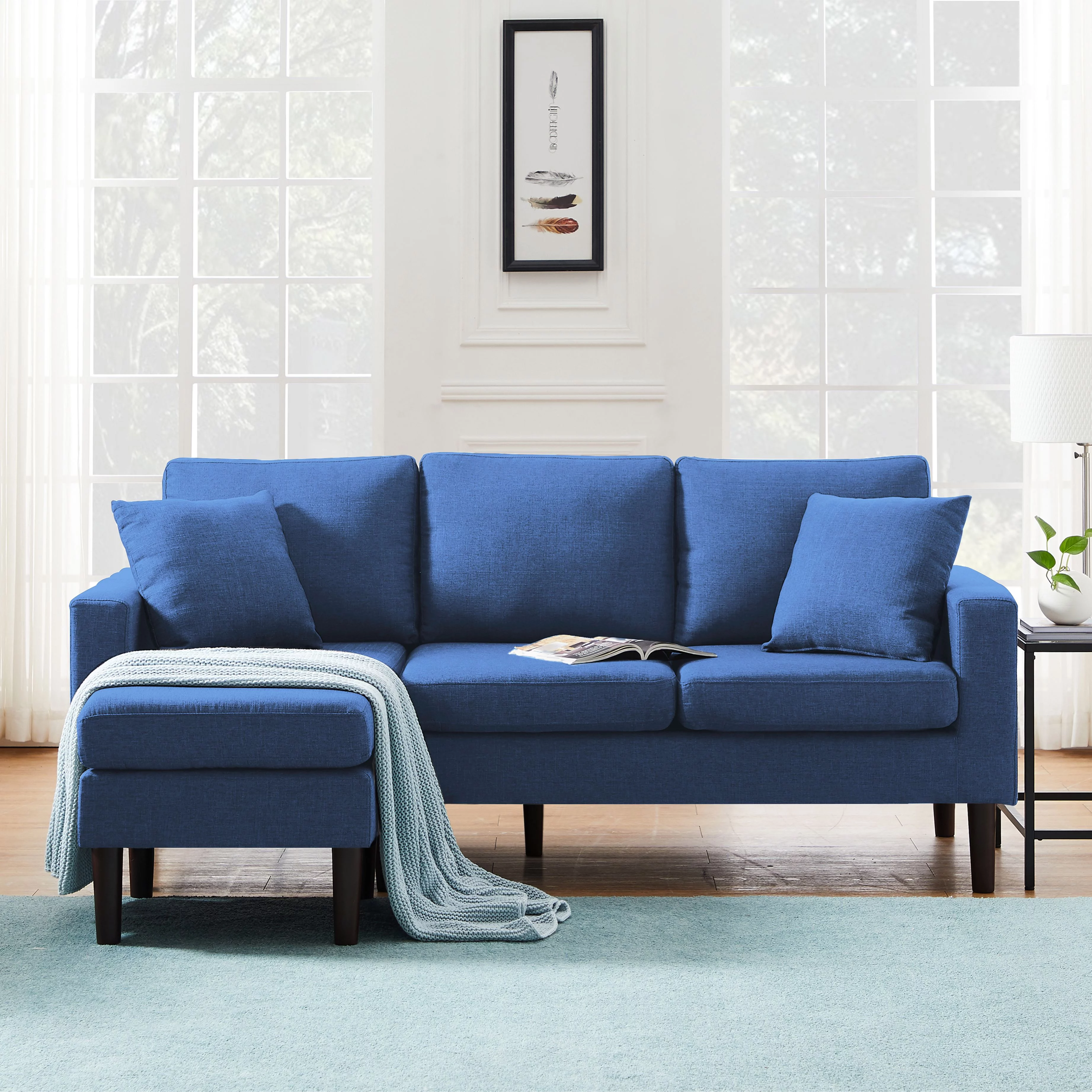 BSHTI 72 inch L-Shape Sectional Sofa, Left Hand Facing Couch with Two Pillows, Reversible Sectional Sofa Couch for Small Space(Navy Blue)