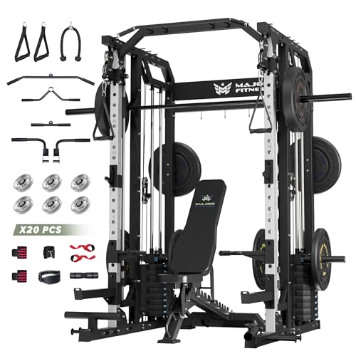Major Fitness Smith△ Machine Drone2 Premium, All-in-One Home Gym Squat Rack with Aluminum Pulley Set , Weight Bar