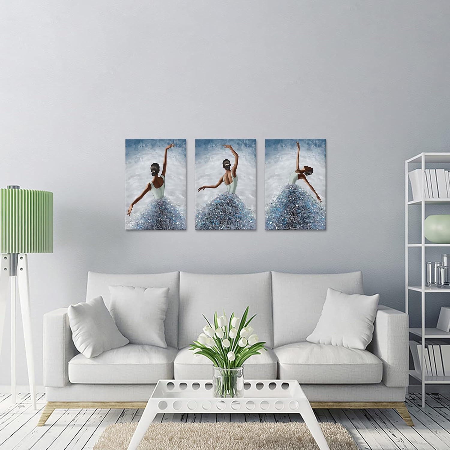 RyounoArt 3 Piece Woman Canvas Wall Art Blue Dancing Ballerina Painting Picture Elegant Girl Prints Artwork for Bedroom Living Room Wall Decor Framed