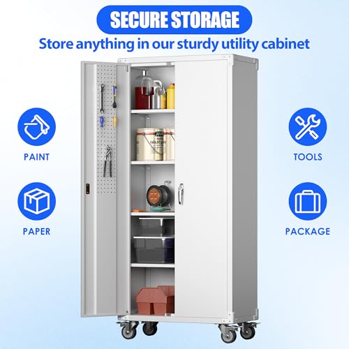 71" Metal Storage Cabinet with Wheels and Pegboard, Lockable Rolling Steel Storage Cabinet with 5 Adjustable Shelves and Door for Garage, Office