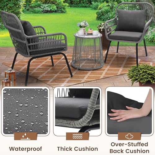 3 Piece Rattan Wicker Bistro Set, Outdoor Conversation Furniture Set with Glass Top Table, Space Saving for Balcony, Backyard, Natural