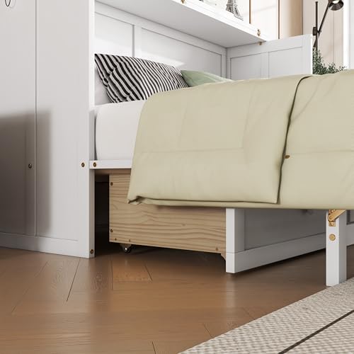 KEIKI Queen Size Cabinet Murphy Bed with Charging Station and Drawer, Multiple Storage Foldable Hideaway Wall Murphy Bed Frame with Solid Slat