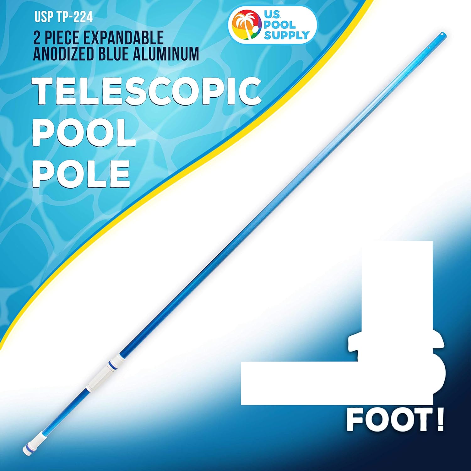 U.S. Pool Supply Professional 16 Foot Blue Anodized Aluminum Telescopic Swimming Pool Pole, Adjustable 2 Piece Expandable Step-Up