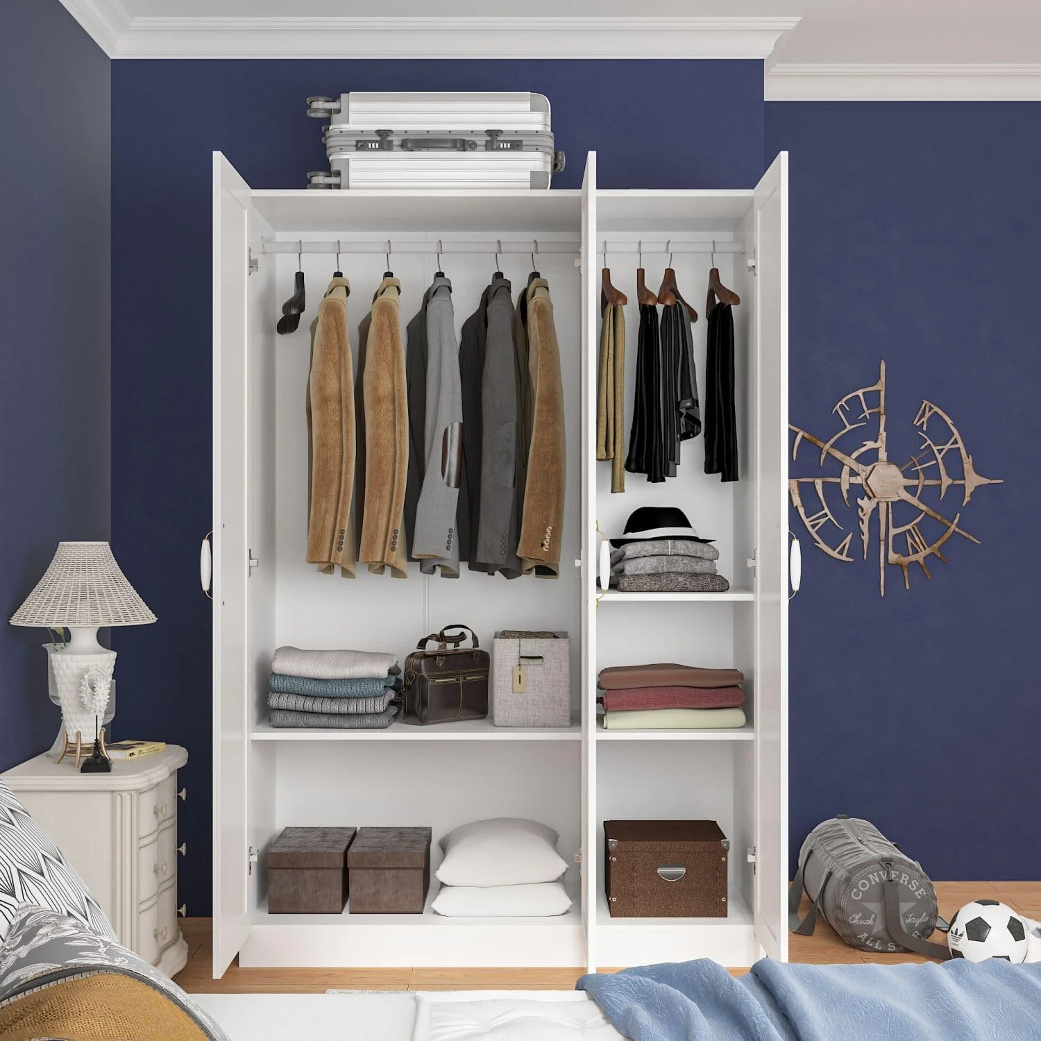 3 Door Wardrobe Closet with Ceramic Handles, Armoire Wardrobe Closet with Hanging Rod, Armoire with Shelves