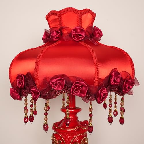 Lovely Table Lamp with Fabric Lampshade, Antique Flower Decorative Bedside Desk Lamp, Handmade Night Light for Bedroom Nightstand