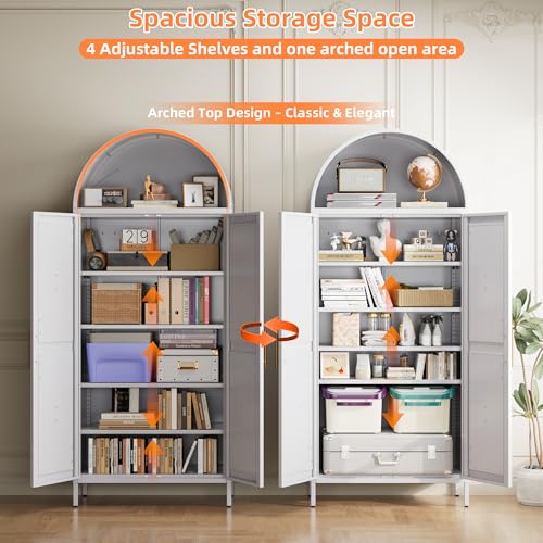 Tall Kitchen Pantry Cabinet, Metal Display Storage Cabinets with 4 Doors/2 Drawers for Kitchen Home Office Living Room, Assembly Required
