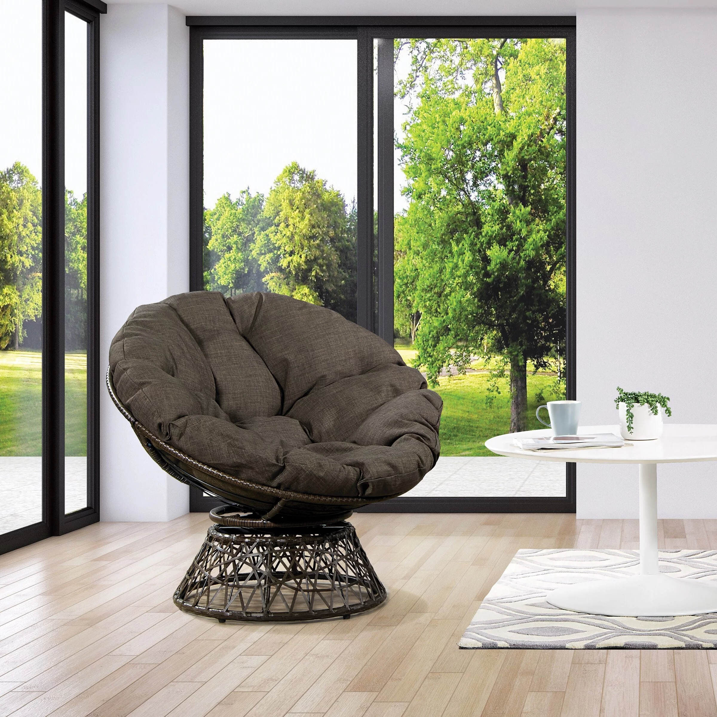 OS Home and Office Furniture Model Papasan Chair with Brown Round Pillow Cushion and Brown Wicker Weave
