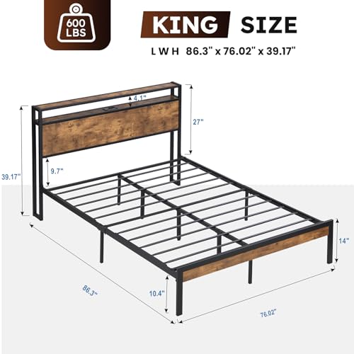 Queen Size Bed Frame with 4 Storage Drawers, LED Platform Bed with Headboard, Built in Charging Station, Noise Free, Stable and Solid