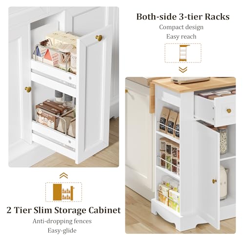Kitchen Island with Storage, Kitchen Cart with Drop Leaf Countertop, Island Table with Open Spice Rack, 2 Drawers & Pull-Out Slim Bar Cart, White