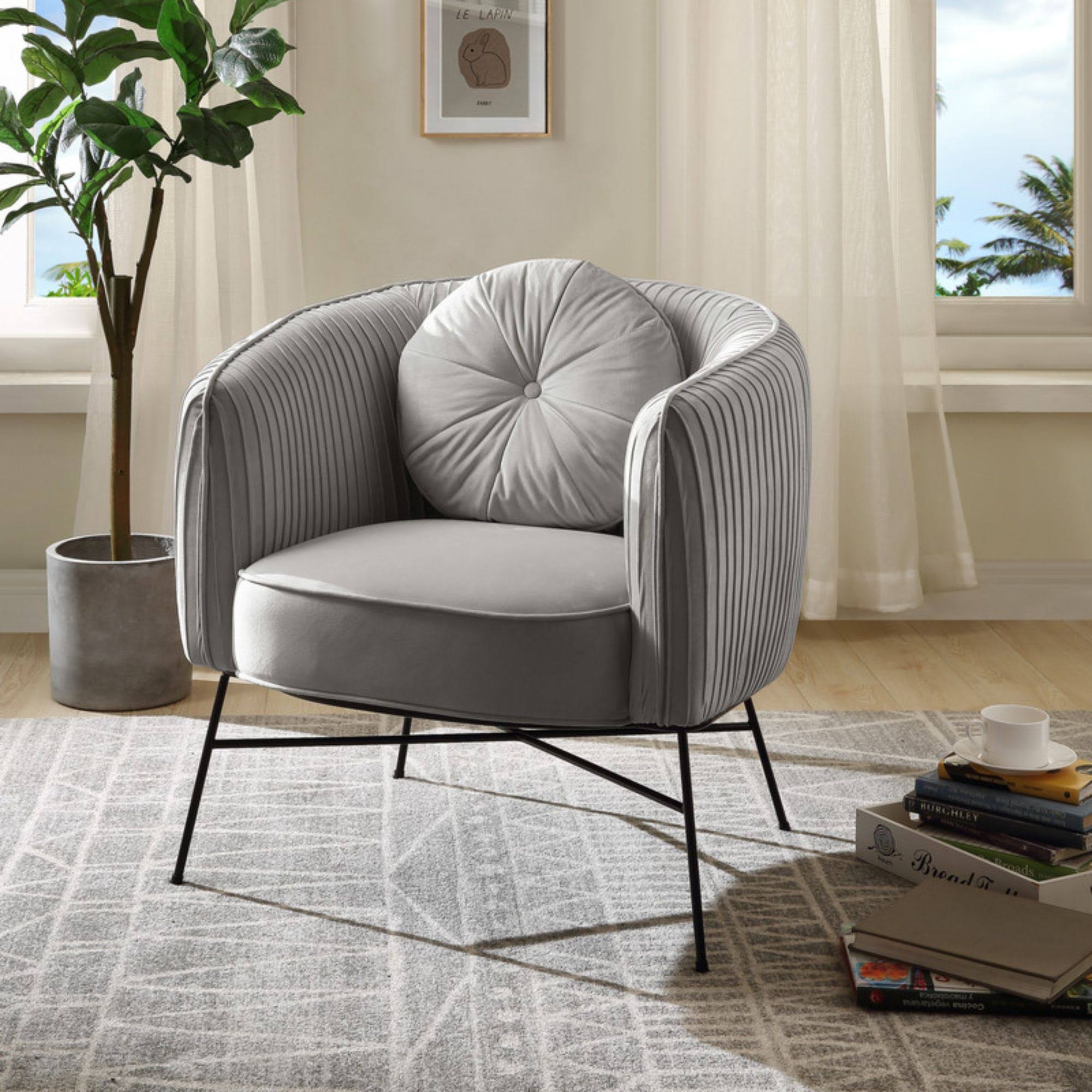 Lilola Home Scarlett Gray Velvet Barrel Accent Chair with Metal Base