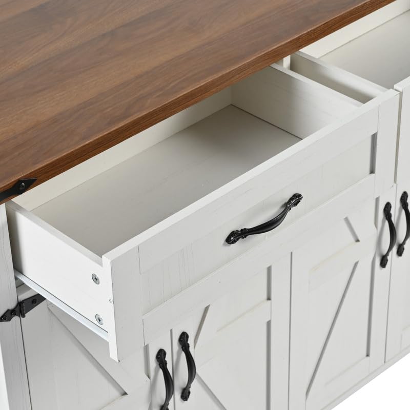 53.5''Farmhouse Kitchen Island with Power Outlet, Kitchen Storage Island with Drop Leaf, Spice Rack and Drawer, Rolling Kitchen Cart on Wheels