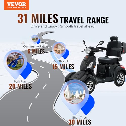 VEVOR Heavy Duty 4-Wheel Mobility Scooters for Seniors & Adults, 500lbs Capacity - 31 Miles 3-Speed Long Range