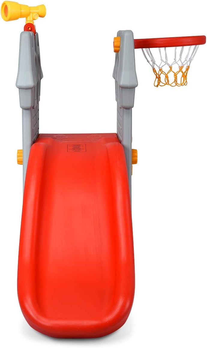 KOTEK Toddler Slide Indoor for Age 3-8, 5 in 1 Kids Climber Slide with Basketball Hoop, Telescope, Crawl Through Space & Climbing Stairs