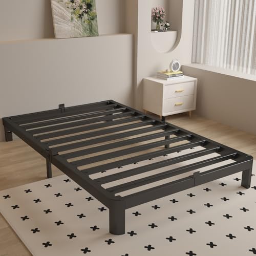 Full Size Bed Frame 16 Inch Black, Metal Platform Full Bed Frame with Baffles, No Box Spring Needed, Heavy Duty Steel Supprt, Rounded Corner Design