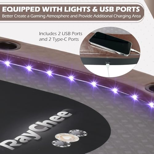 LED Poker Table, 10 Player Foldable Texas Holdem Table w/Inlaid LED Light, 2 USB & 2 Type-c Ports