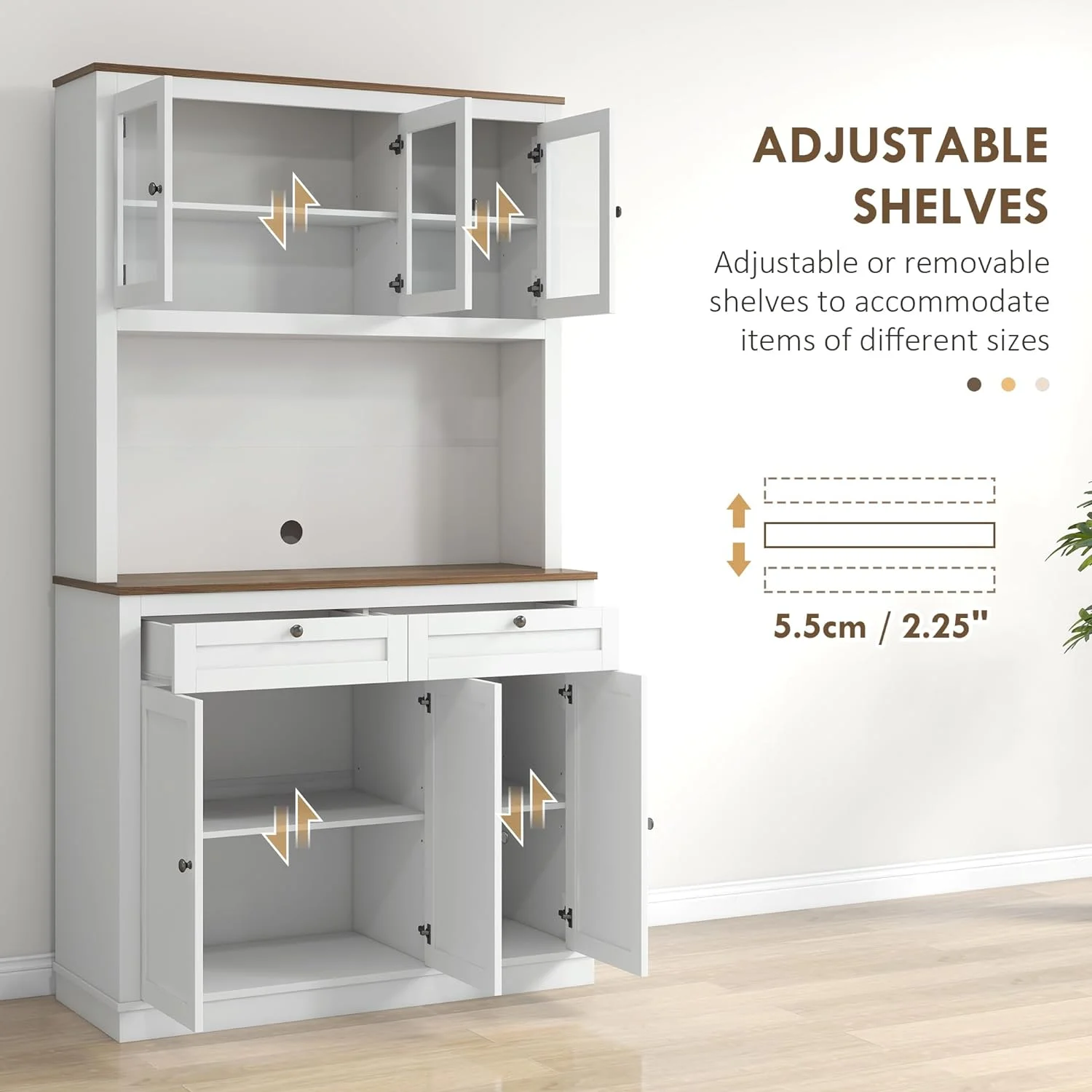 71" Tall Kitchen Pantry Storage Cabinet with Microwave Stand, Freestanding Buffet with Hutch, 2 Drawers, 5 Doors