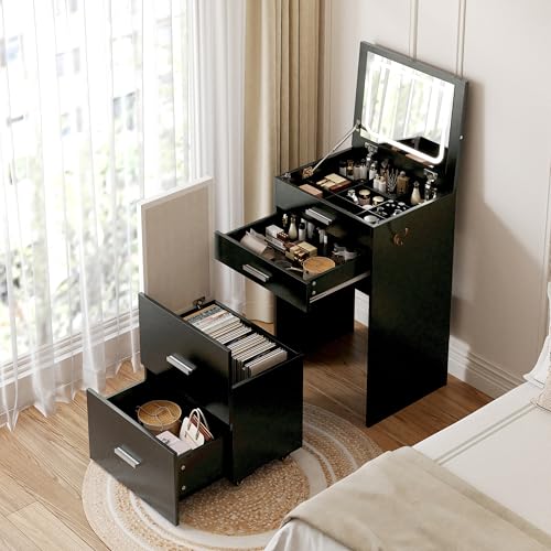 Compact Vanity with 3 Drawers, 3 in 1 Vanity Desk, Makeup Desk with Flip-up 3 Colors Lighting Mirror and Cushioned Stool