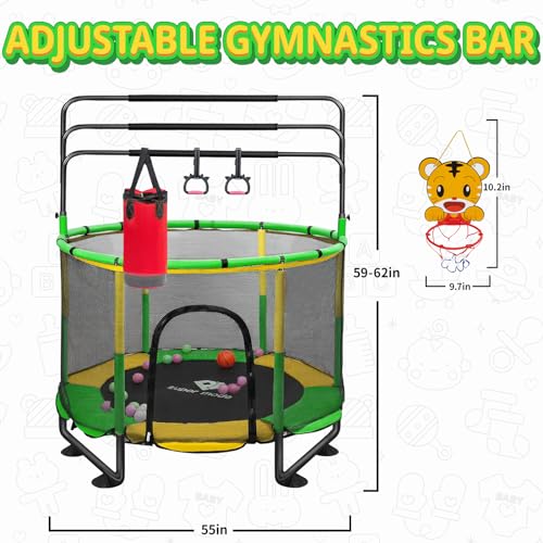 Trampoline for Kids, 5FT Adjustable for Toddler, Indoor/Outdoor Baby Trampoline with Enclosure Net, No-Gap Safe Design, Gifts for Boys & Girls