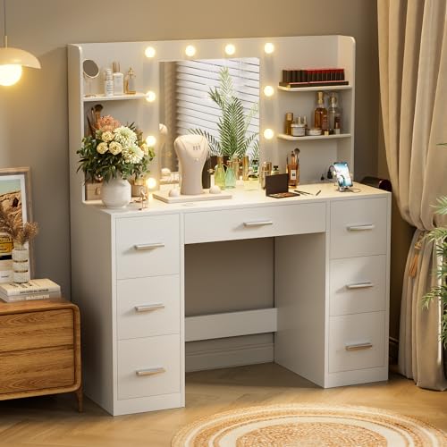VICTONE Vanity Desk with LED Lighted Mirror&Power Outlet