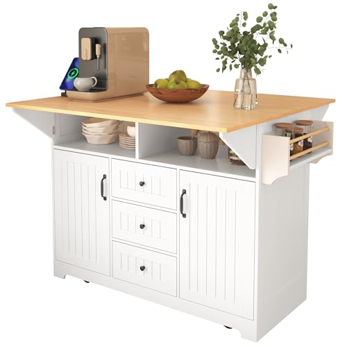 Large Kitchen Island Cart with 2 Drop Leaf, Mobile Dining Table with Storage Cabinet, Rolling Kitchen Cart with Power Outlets, 3 Drawers
