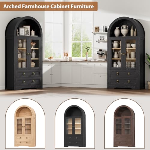 Kitchen Pantry Cabinet, Arched Bookshelf Bookcase China Pantry Storage Cabinet with Drawers Doors and Shelves