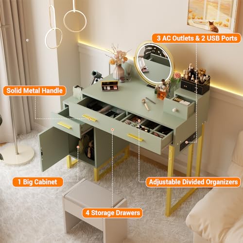 Vanity Desk with 4 Storage Drawers - Modern Makeup Vanity Table with Charging Station