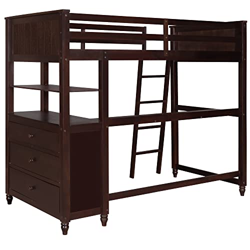Harper & Bright Designs Full Loft Bed with Desk and Wardrobe,Solid Wood Loft Bed Frame Full with Storage Drawers for Kids Teens Adults