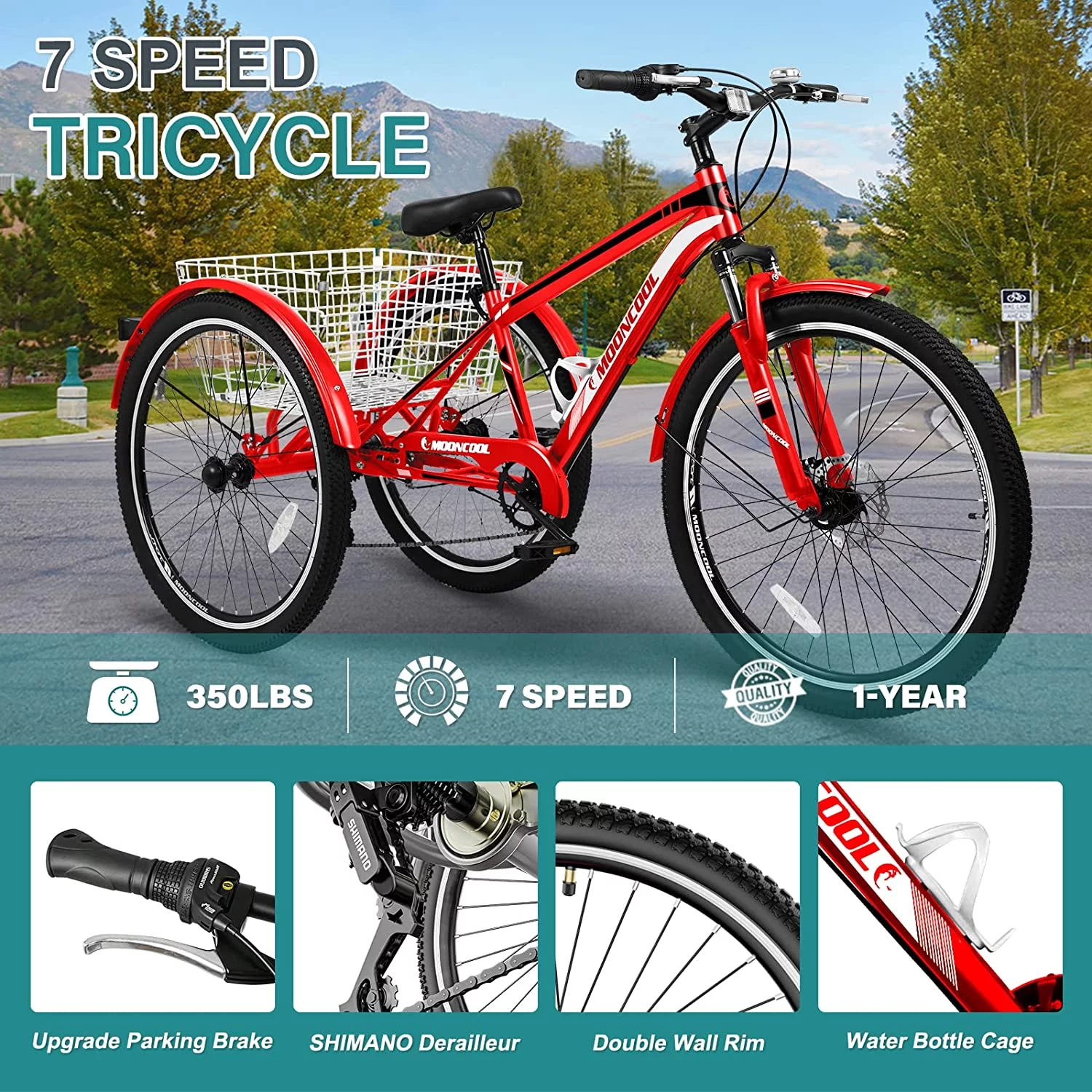 Mooncool Adult Mountain Tricycle, 7 Speed Three Wheel Bike, 24/26/27.5 Inch Adults Trikes for Seniors with Shopping Basket
