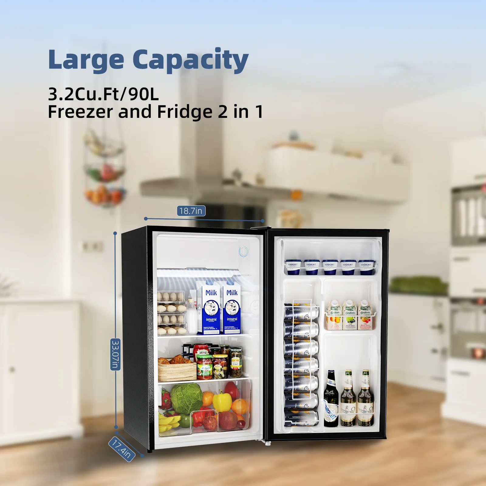 BANGSON Mini Fridge, 3.2Cu.Ft, Energy Saving, Low Noise with Reversible single door, mini fridge for Bedroom Office and Dorm, Black