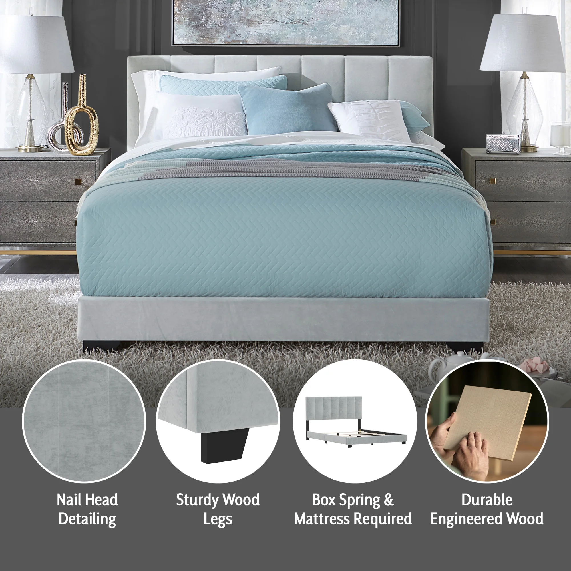 Reece Channel Stitched Upholstered Queen Bed, Platinum Gray, by Hillsdale Living Essentials