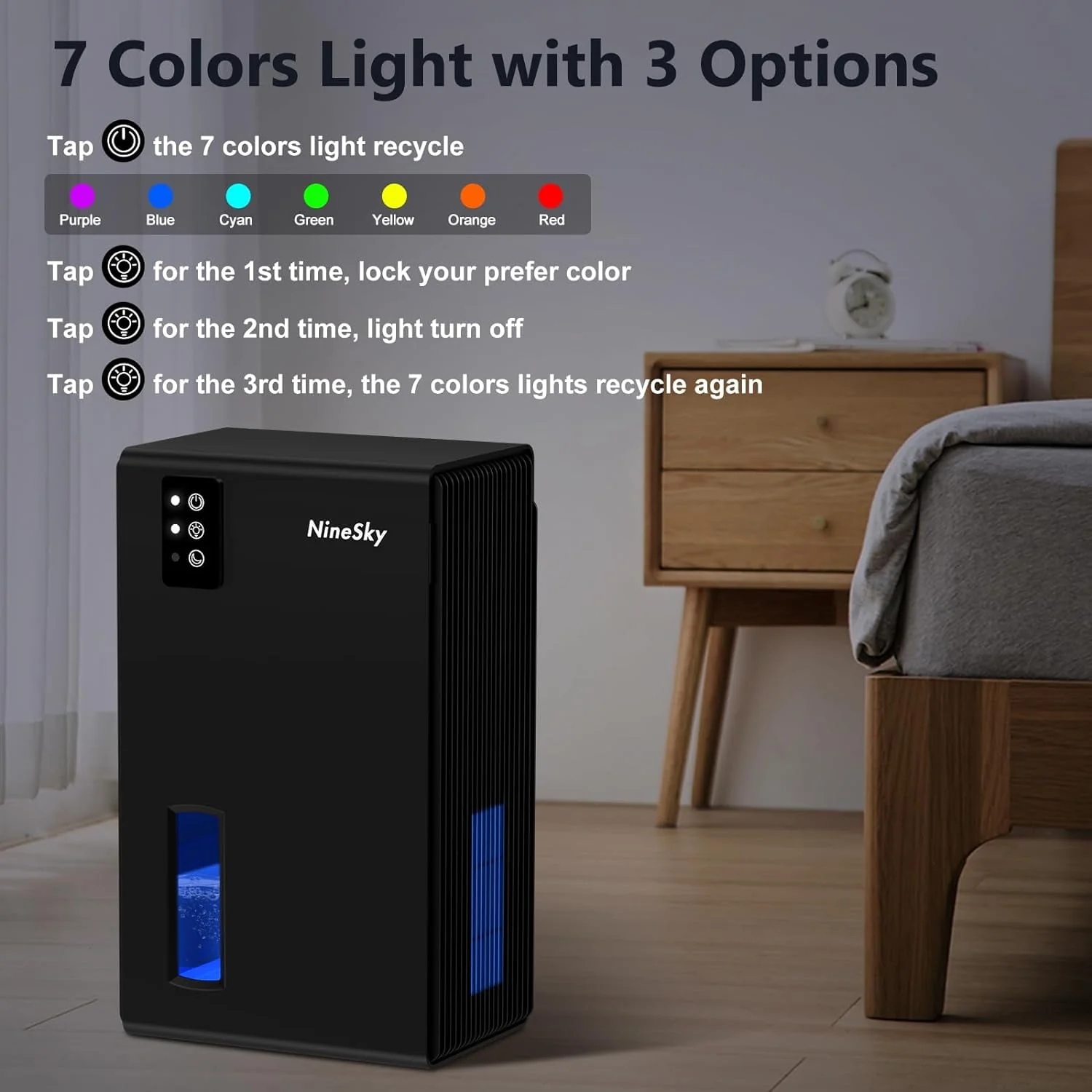 NineSky Dehumidifier for Home, 85 OZ Water Tank, (800 sq.ft) Dehumidifiers for Bathroom Bedroom with Auto Shut Off,7 Colors LED Light(White)