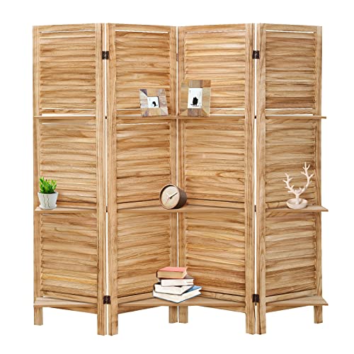 Babion 4 Panel Room Divider with Shelves, Wooden Room Divider Wall, 4 Panel Folding Privacy Screens
