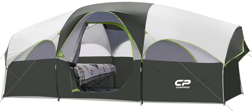 CAMPROS CP Tent 8 Person Camping Tents, Weather Resistant Family Tent, 5 Large Mesh Windows, Double Layer, Divided Curtain for Separated Room