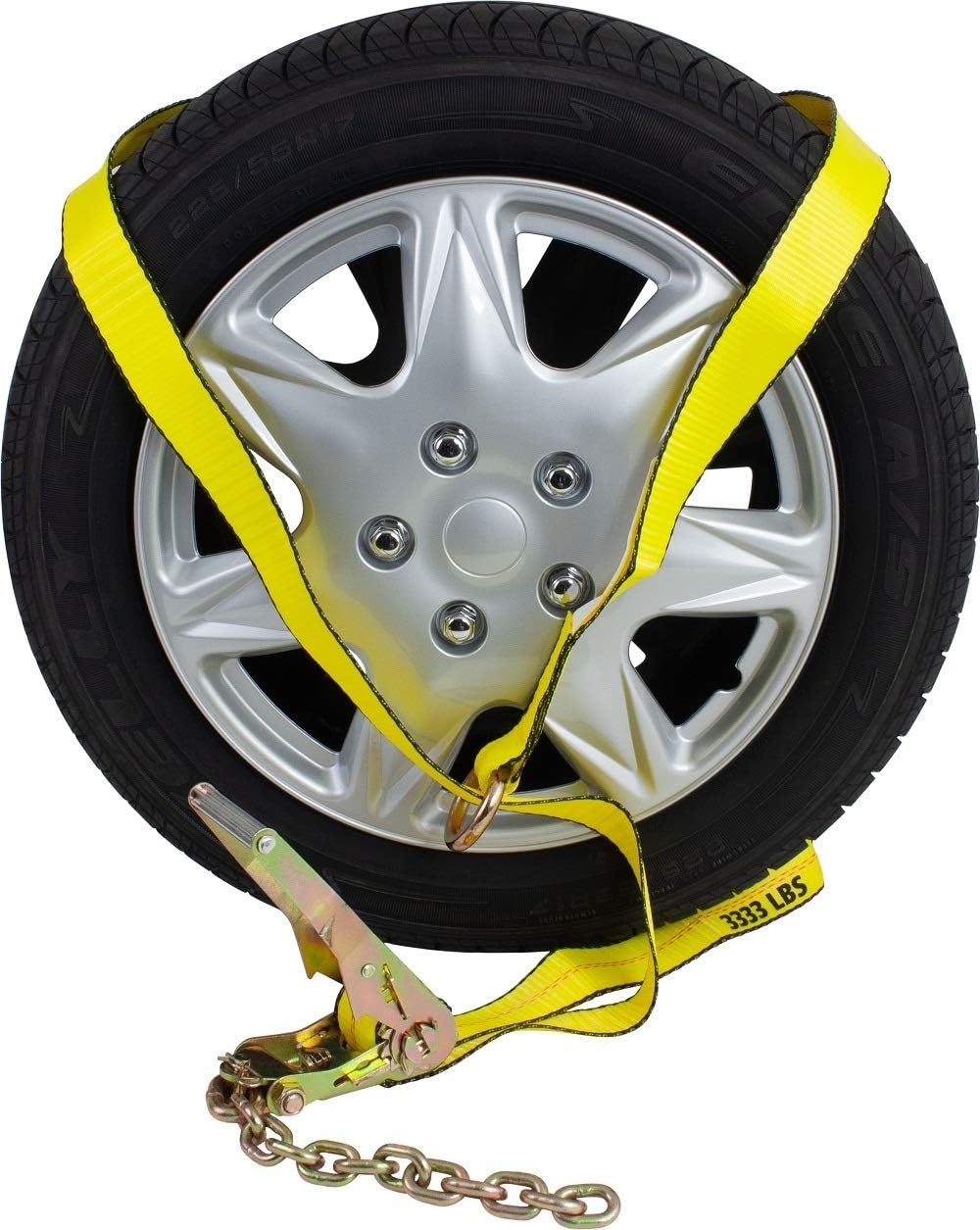 Mytee Products (8 Pack) 2 x 8' Car Tie Down Lasso Ratchet Strap with Chain Anchor - High Viz Green Tire Straps for Car Trailer