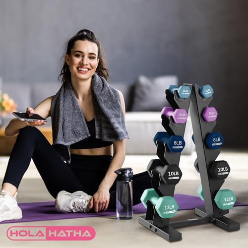 HolaHatha Neoprene Dumbbell Free Hand Weight Set with Rack, Ideal for Home Exercises to Gain Tone and Definition