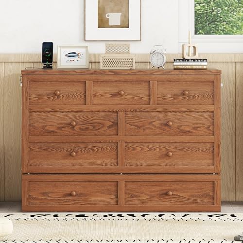 KEIKI Queen Size Cabinet Murphy Bed with Charging Station and Drawer, Multiple Storage Foldable Hideaway Wall Murphy Bed Frame with Solid Slat
