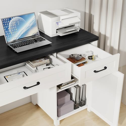 Farmhouse 61'' Executive Desk with 5 Drawers, Rustic Office Desk Computer Desk with Charging Station, File Drawers and Storage Cabinet