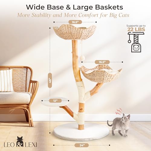 Real Wood Modern Cat Tree Tower, Cat Scratching Post with Bed for Indoor Cats Large Adult, Solid Wooden Climbing Tower, Cute Wicker Condo