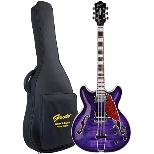 GROTE Jazz Electric Guitar Semi-Hollow Body Trapeze Tailpiece Bridge Guitar Gig Bag (Black)